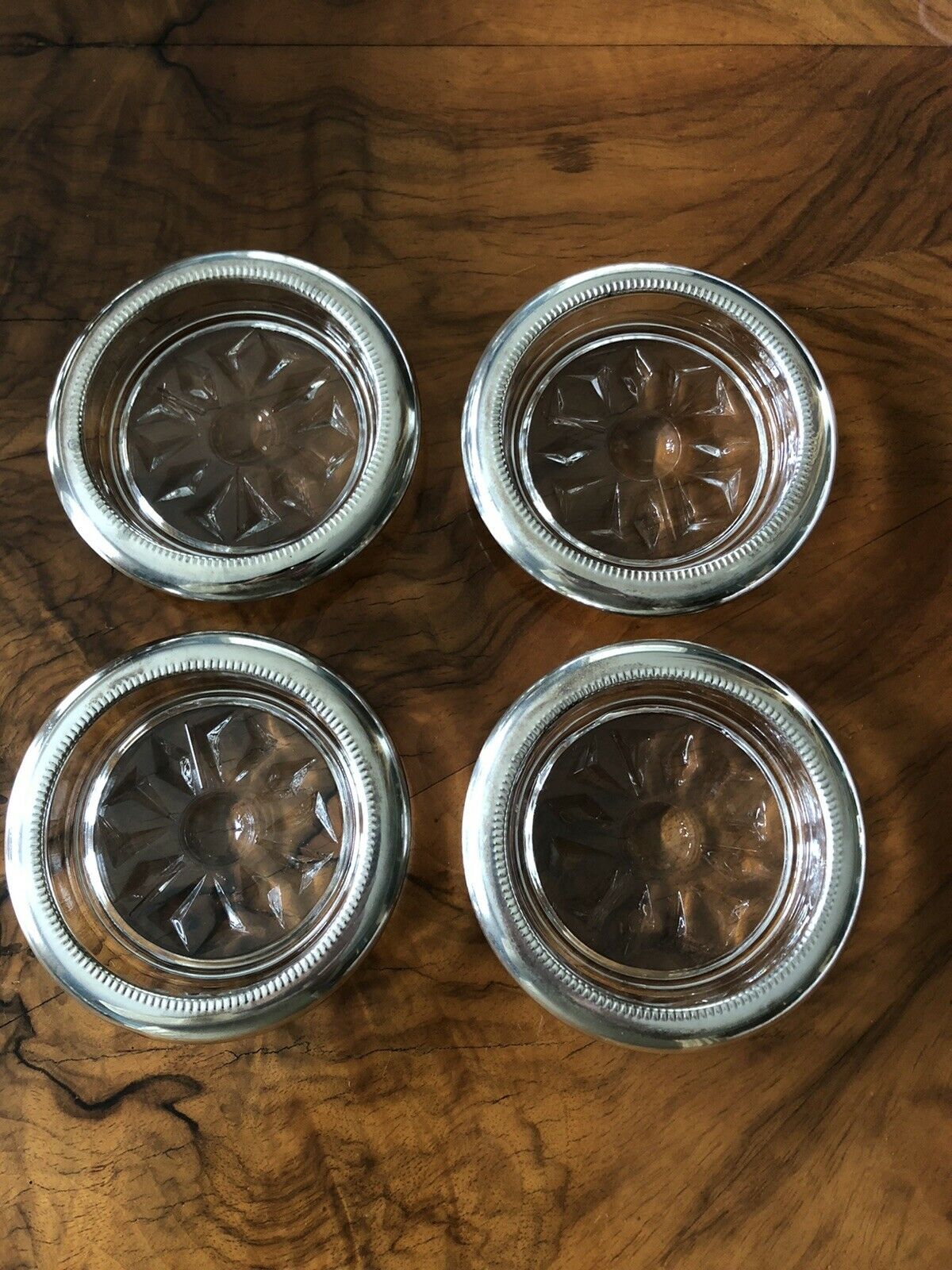 Vintage Italian Silver Plated And Cut Glass Coasters -set Of 4 Made In Italy