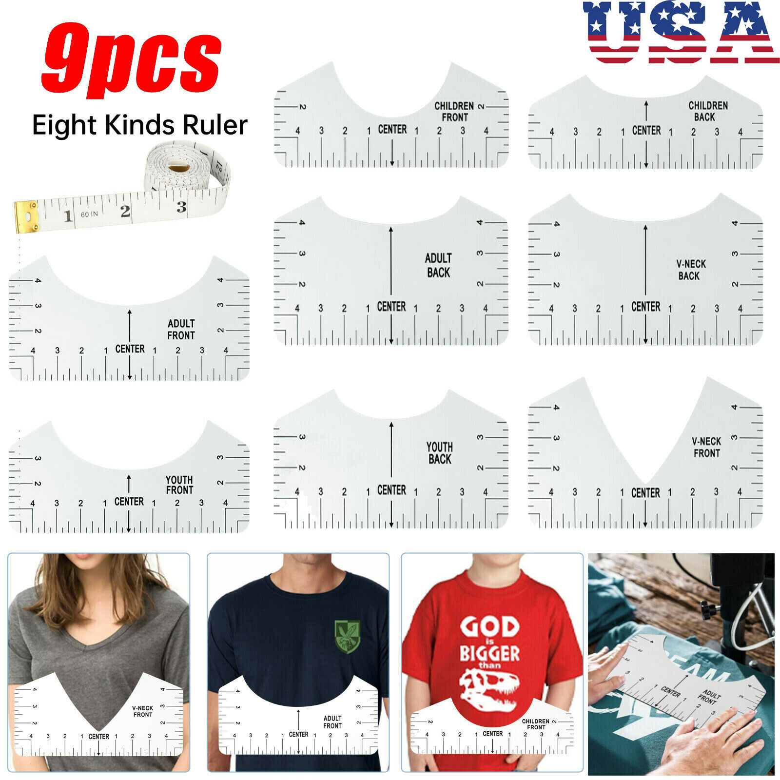 9pcs Vinyl T-shirt Ruler Guide Alignment Tool Centering Ruler Designs Sew Tool