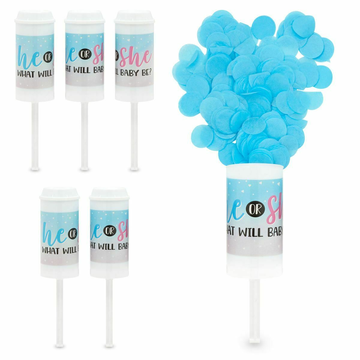Blue Confetti Poppers With Refills For Boy Gender Reveal Party (6 Pack)