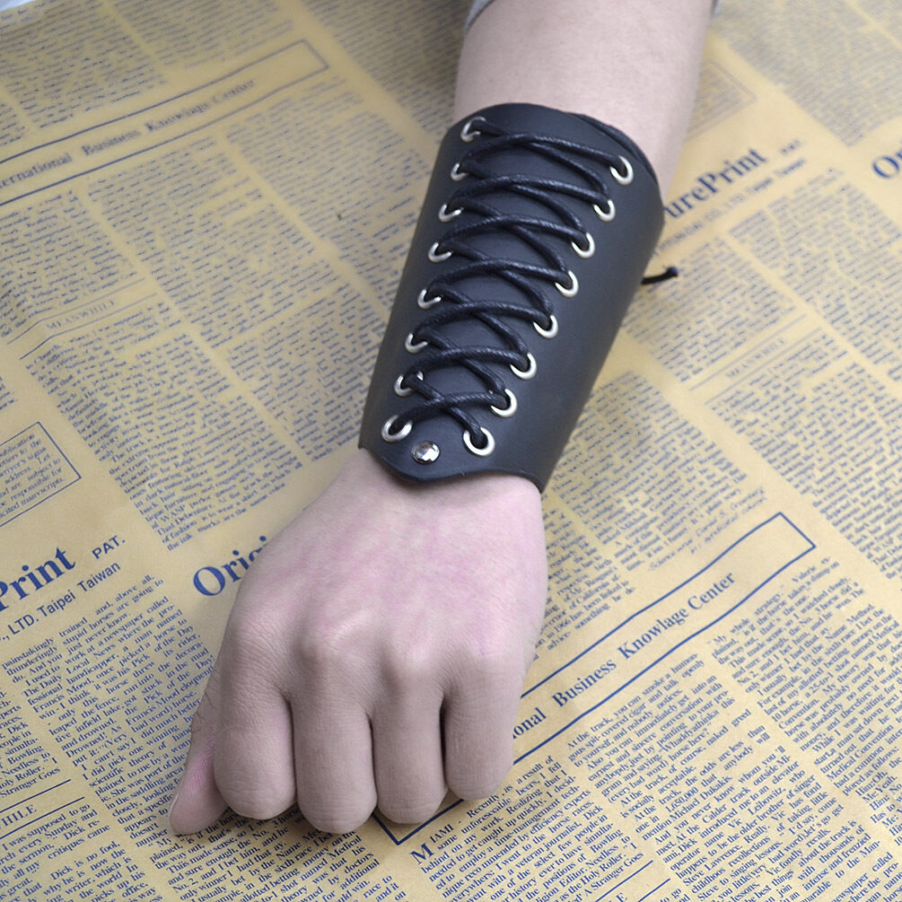 Cross Strings Black Leather Bracer Arm Armor Cuff Gothic Punk Cosplay Wristband