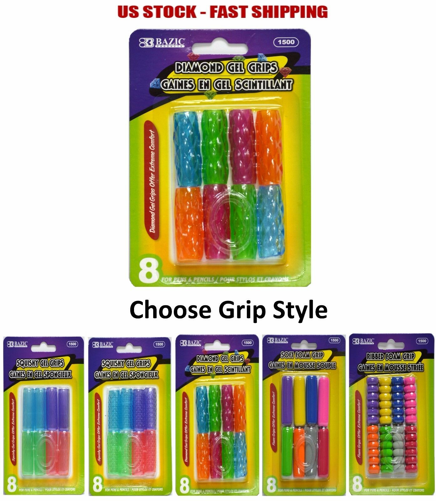 Extreme Comfort Assorted Color Shape Pencil Pen Grip 8 Per Pack - Us Shipping