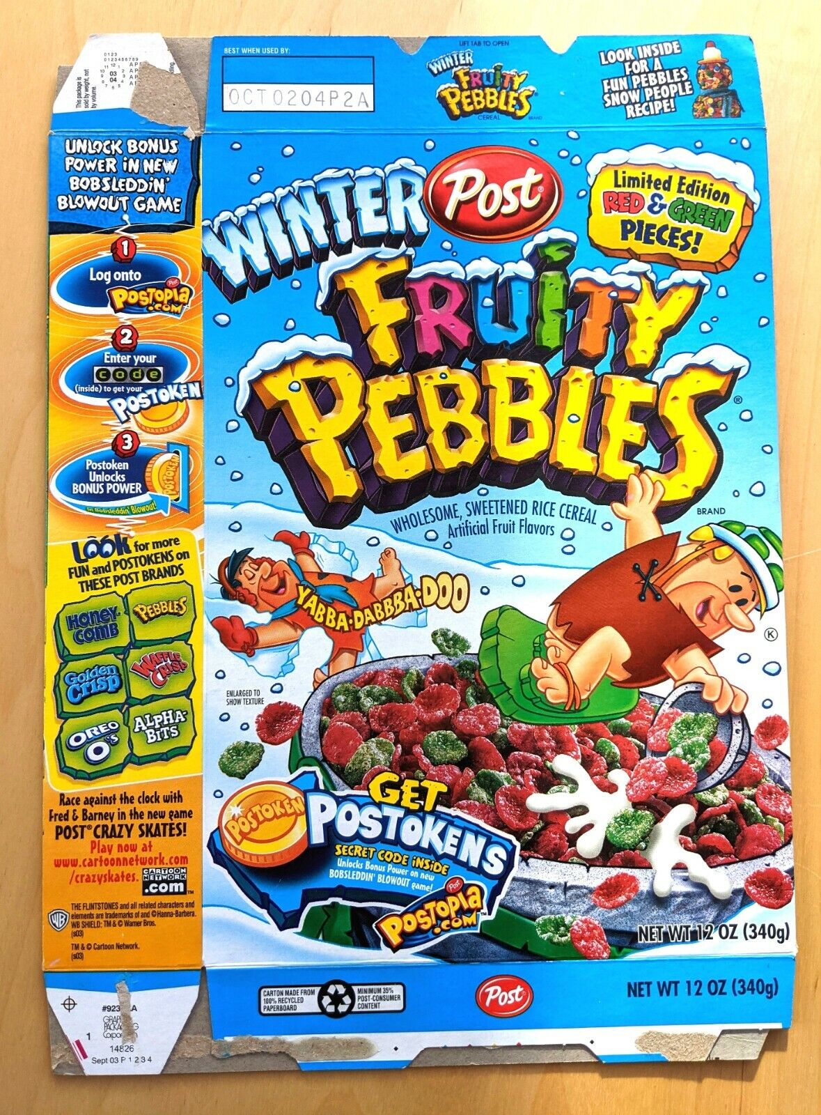 2003 Post Winter Fruity Pebbles Cereal Box With Secret Code Inside Box
