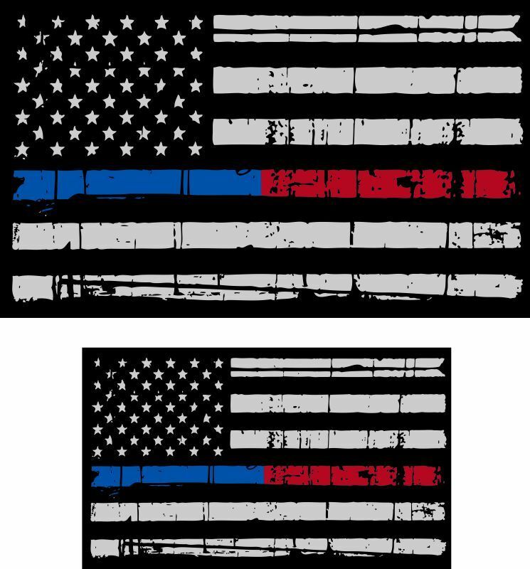 Tattered Police & Fire Thin Blue/red Line Reflective Flag Decal 5"x3" & 3"x1.75"