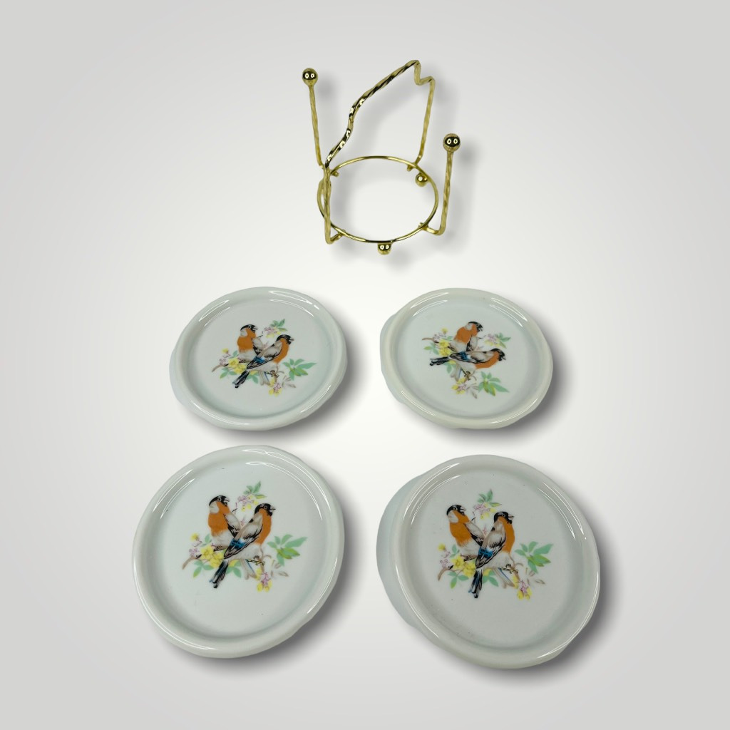 Interpur Porcelain Coasters With Holder White Birds Set Of Four Vintage