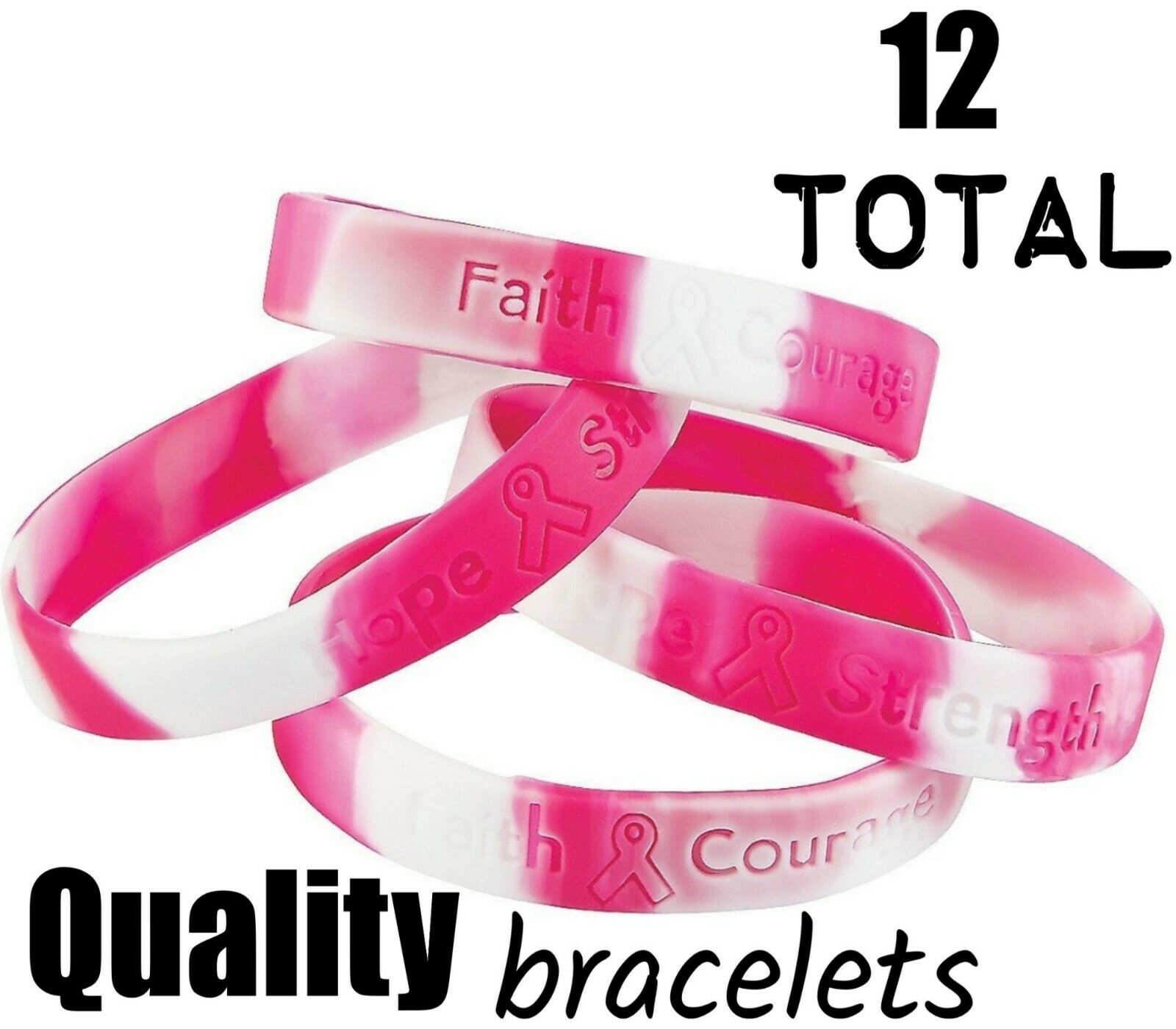 (12) Pink Ribbon Camouflage Camo Breast Cancer Awareness Bracelets (1 Dozen)