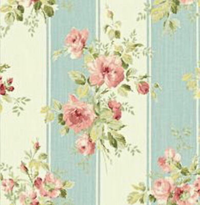 Dollhouse Miniature Shabby Chic Wallpaper Pink Roses Blue Stripe Floral 1:12