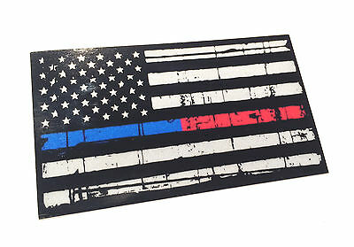 Reflective Tattered Thin Red - Blue Line Firefighter Police Flag Decal Sticker