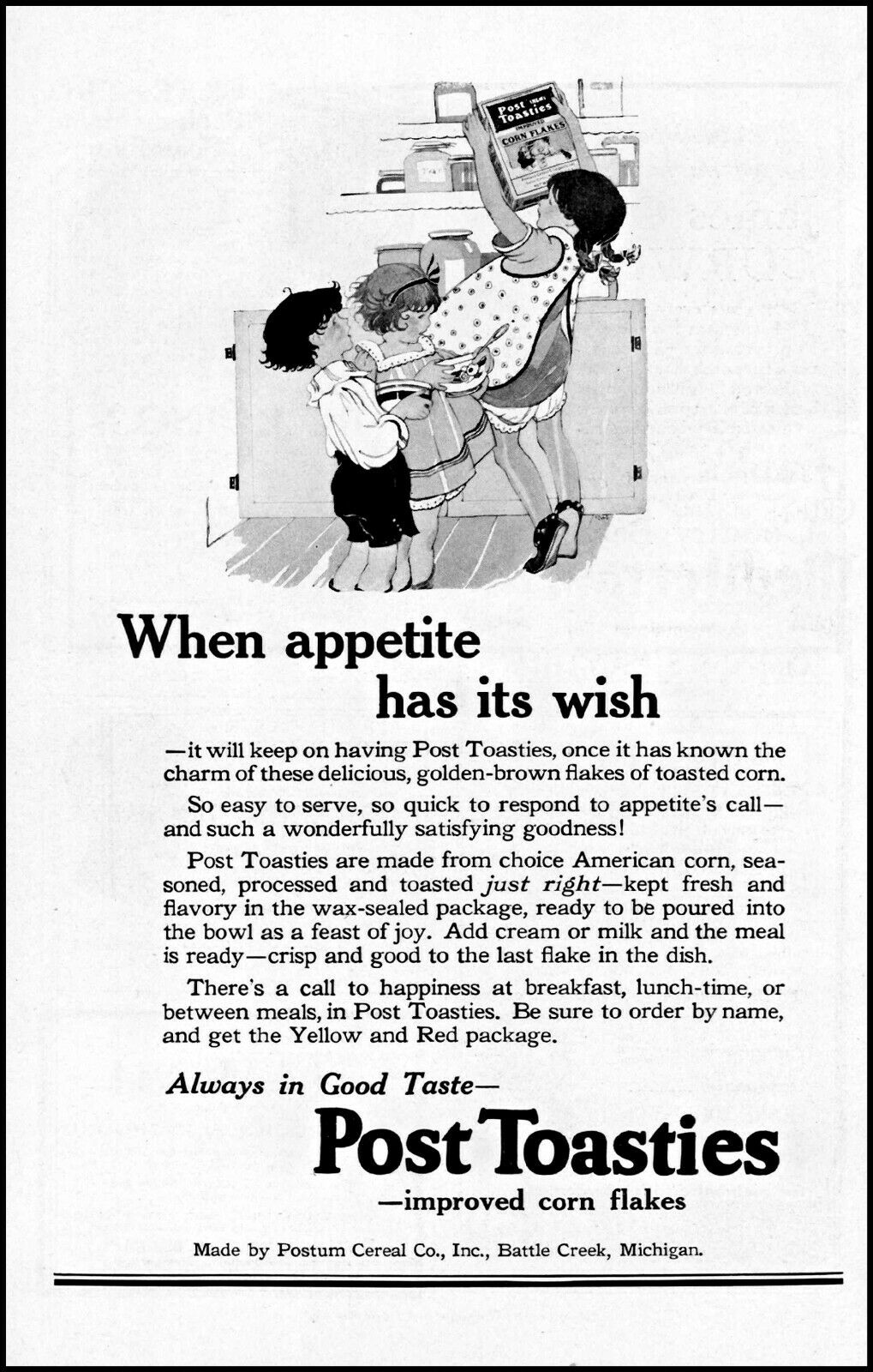 1922 Kids Breakfast Post Toasties Cereal Battle Creek Vintage Art Print Ad Ads59